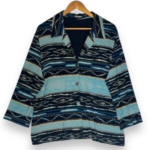 Softwear by Mark Singer Aztec Western Button Up Blouse Slinky Knit Blue Black XL